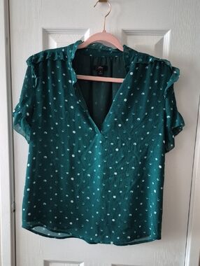 J. Crew Teal Polka Dot V-Neck Flutter Sleeve Blouse